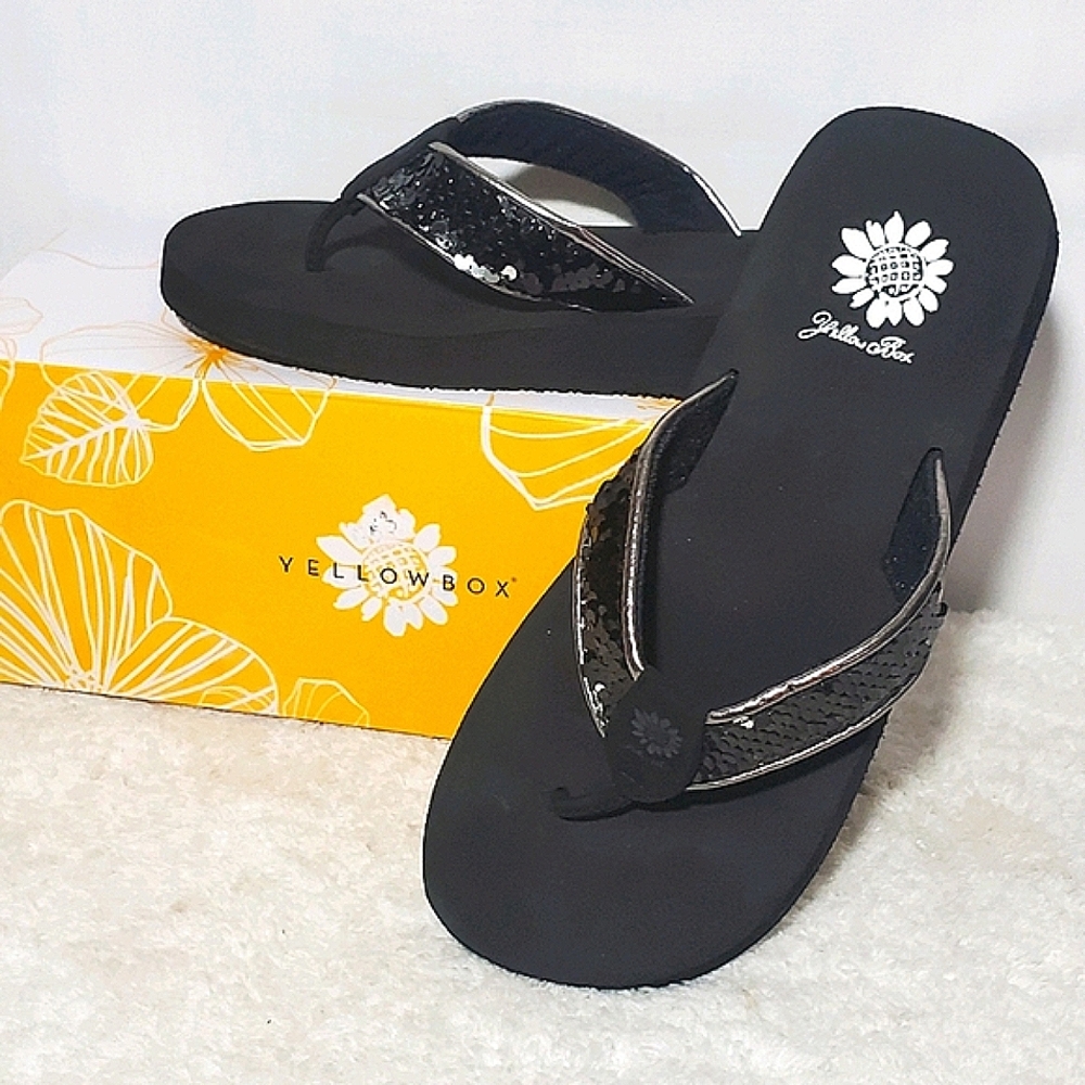 NEW Yellowbox Korrie Black Sequined Flip-Flops Made From Yoga Mats Size 8M